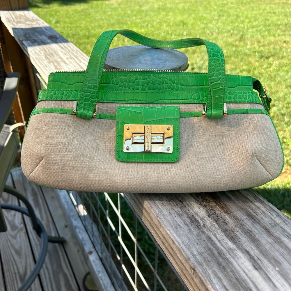 Ralph Lauren Lime Green and tan canvas Zipper close clutch purse